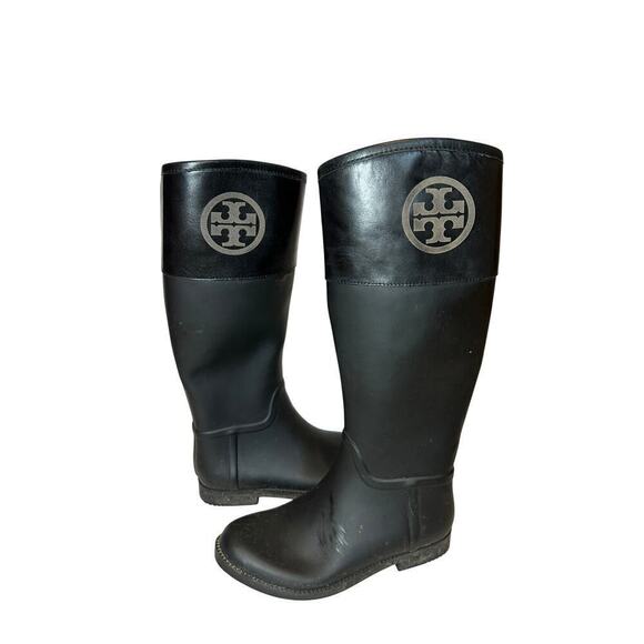 Tory Burch Authentic Logo Black Rainboots Size 8 - Picture 2 of 12